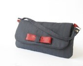 Dark grey red striped CLUTCH BAG, red leather bow