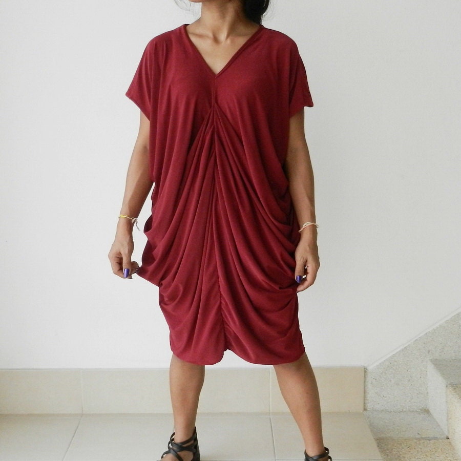 Ladies Blouse Comfy Top Or Dress,Deep Red Tunic V Neck,Unique Styling .