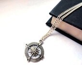 Compass necklace - charm in silver - for men and women - unisex jewelry gift under 25, travel pendant, grey black