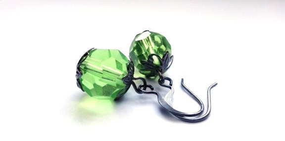 Green earrings - peridot kiwi lime glass jewelry - gift for her - dangle, drop, grey, stocking stuffer under 25