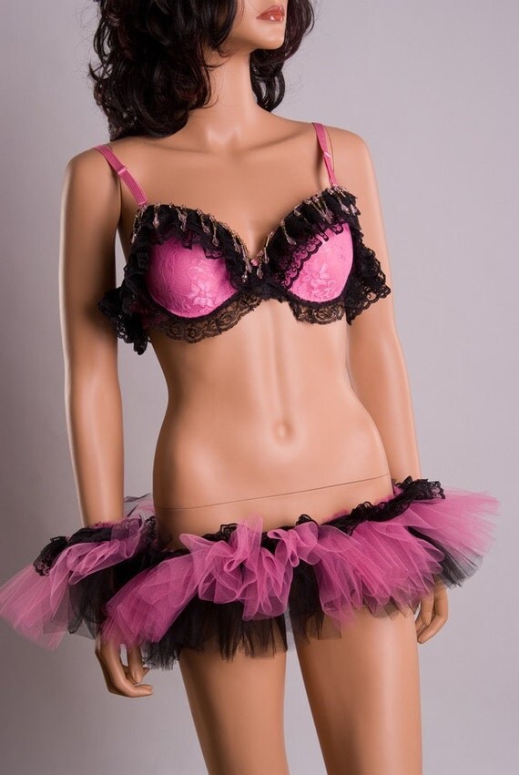 Items similar to Large Plus Size Pink and Black Bra-Tutu Lingerie Set