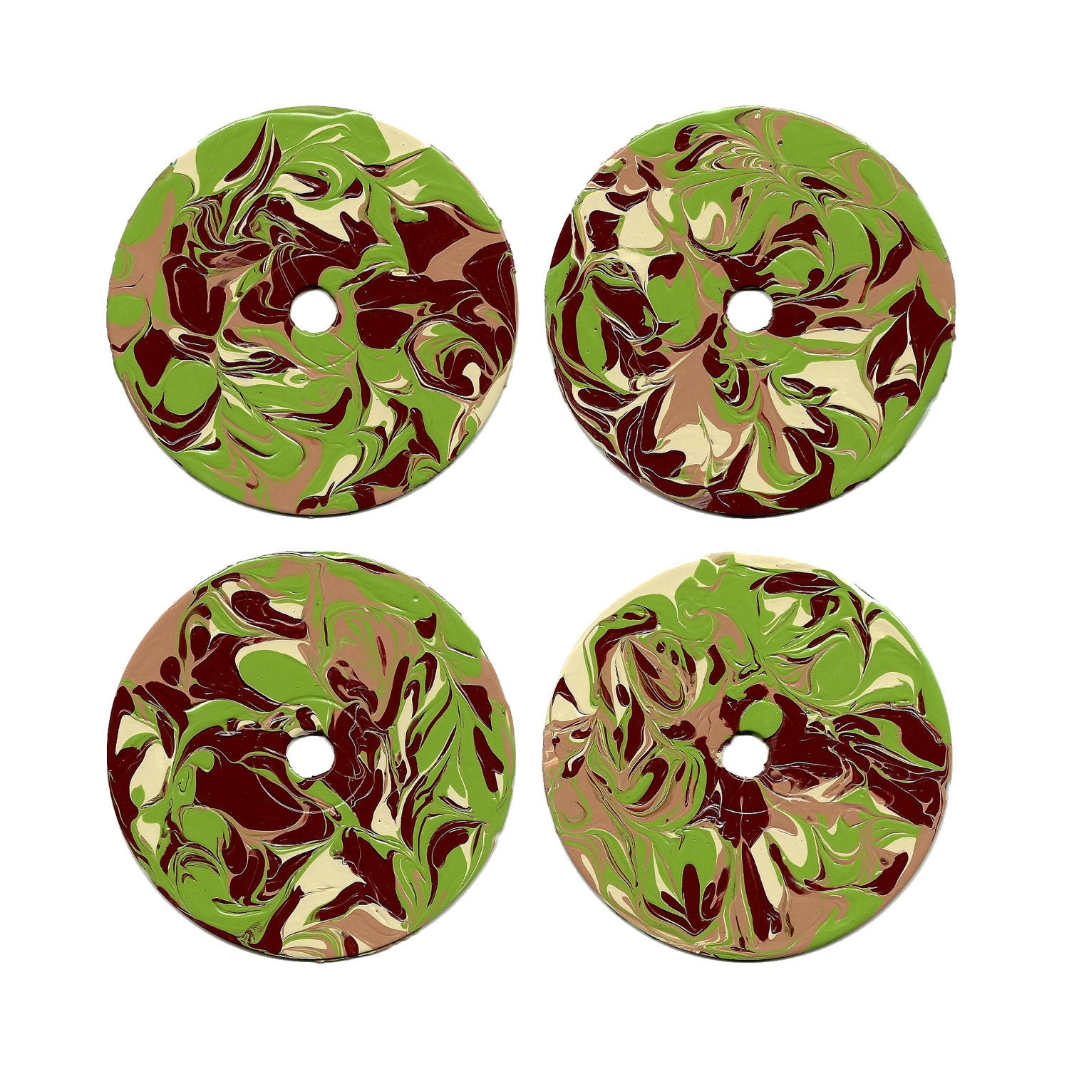 Recycled, Repurposed & Upcycled Painted CD's as Abstract Art Coasters - Green, Maroon, Brown, Beige - Set of 4