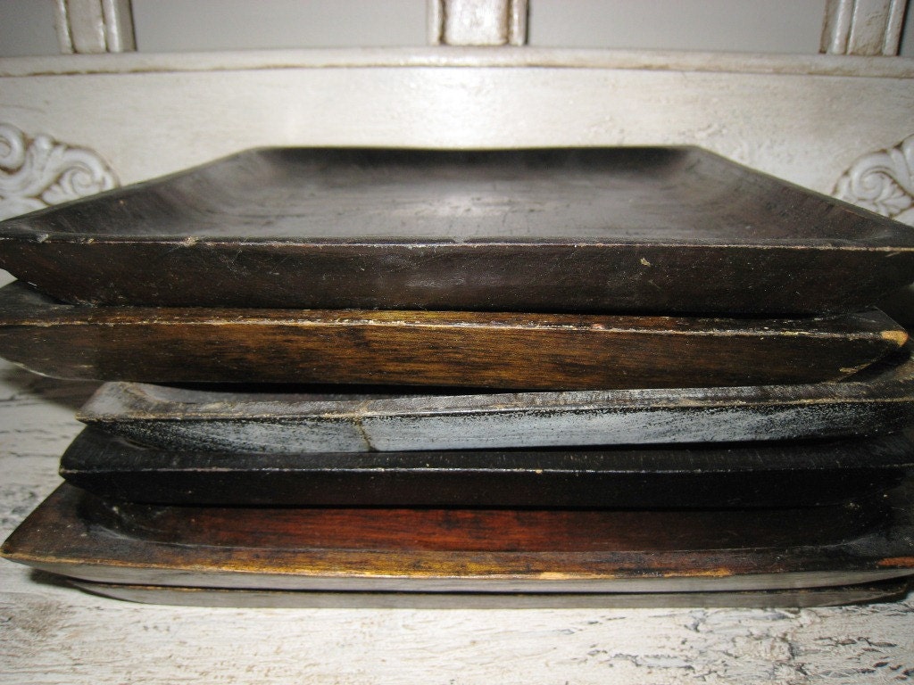 Set of Six Rustic Square Wooden Plates