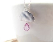 purple rain necklace - pink purple quartz, silver plated cloud charm, sterling silver chain