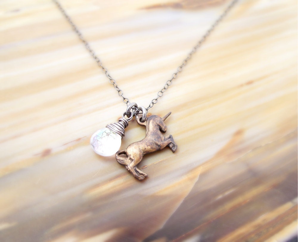 lady amalthea necklace - vintage oxidized brass unicorn charm, rainbow mystic quartz