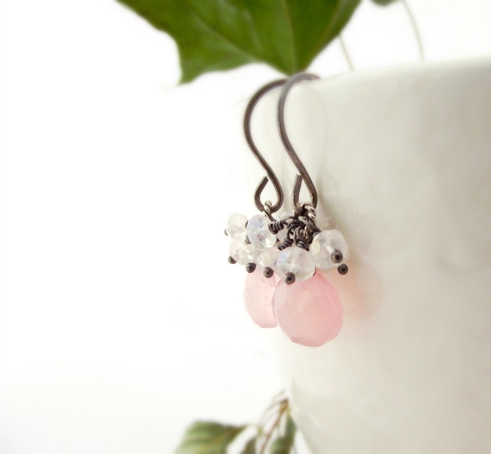 giselle earrings - pink chalcedony, mystic rock crystal quartz, oxidized sterling silver