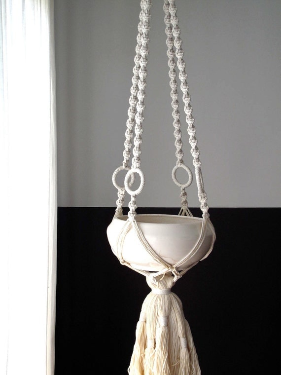 Vintage Hanging Planter - Vintage Macrame and Ceramic Planter, White, Pottery