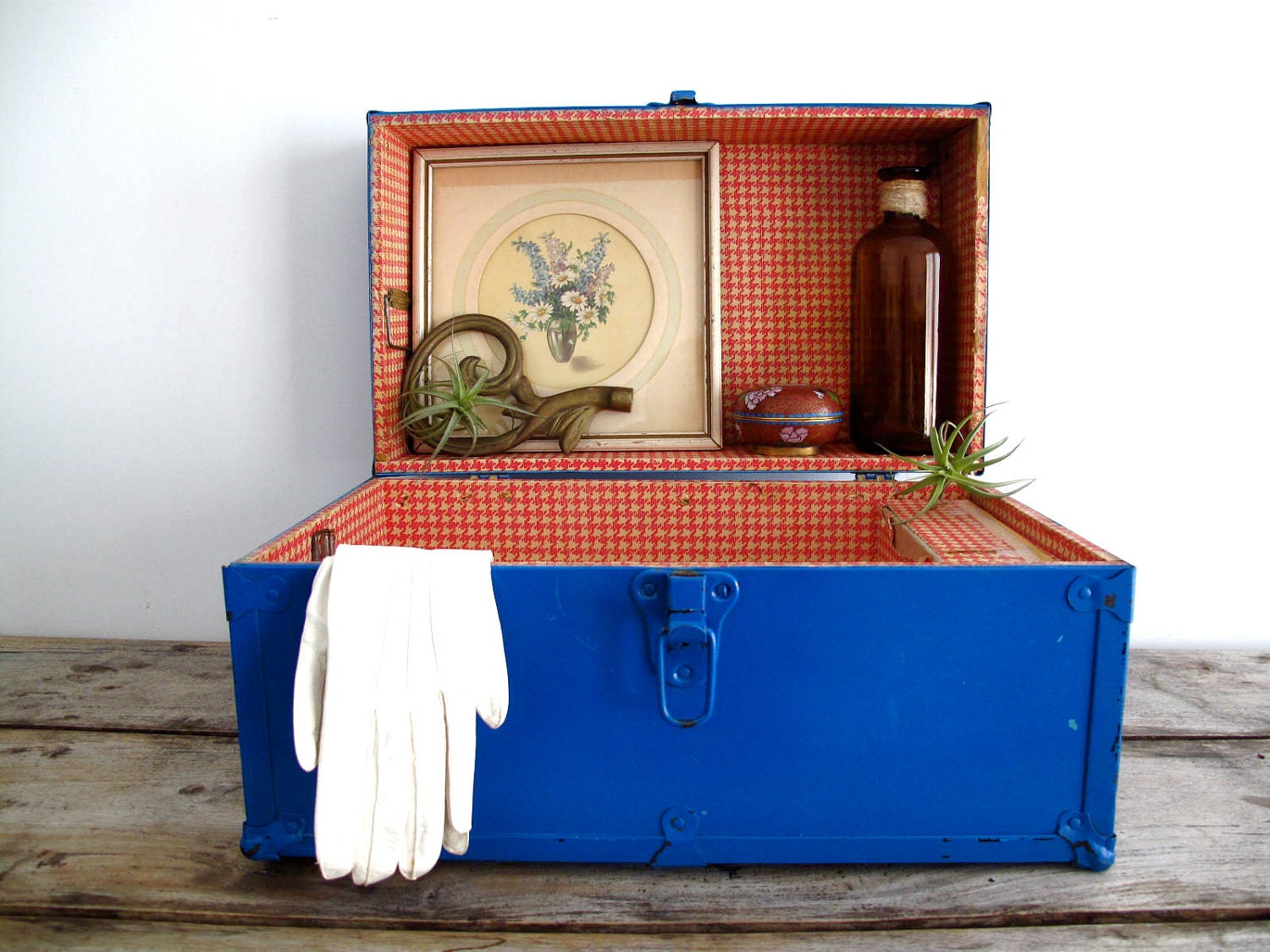 Vintage Trunk - Doll's Trunk - Blue, Box, Metal, Storage, Nautical
