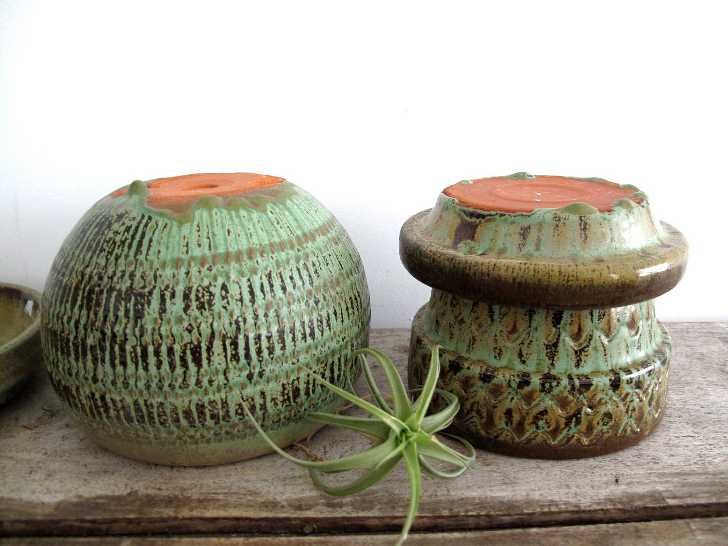 Vintage Ceramic Planters - Mid Century Planter, Green, Pottery, Gardening