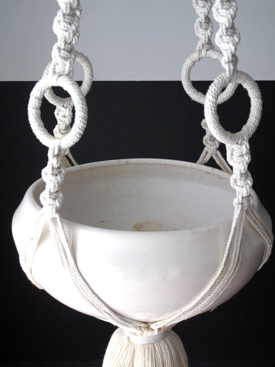 Vintage Hanging Planter - Vintage Macrame and Ceramic Planter, White, Pottery