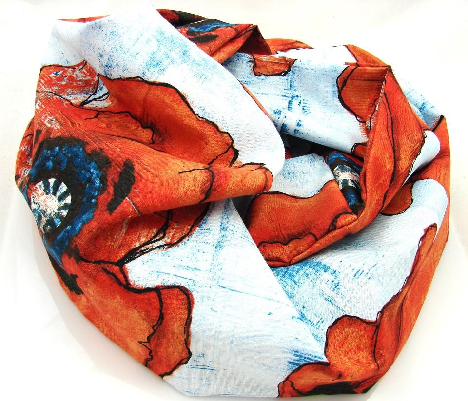 Free Shipping - Orange Poppy on Blue Fabric Infinity Scarf - OOAK - Exuberant Vibrant Out of Print Fabric - Valentine