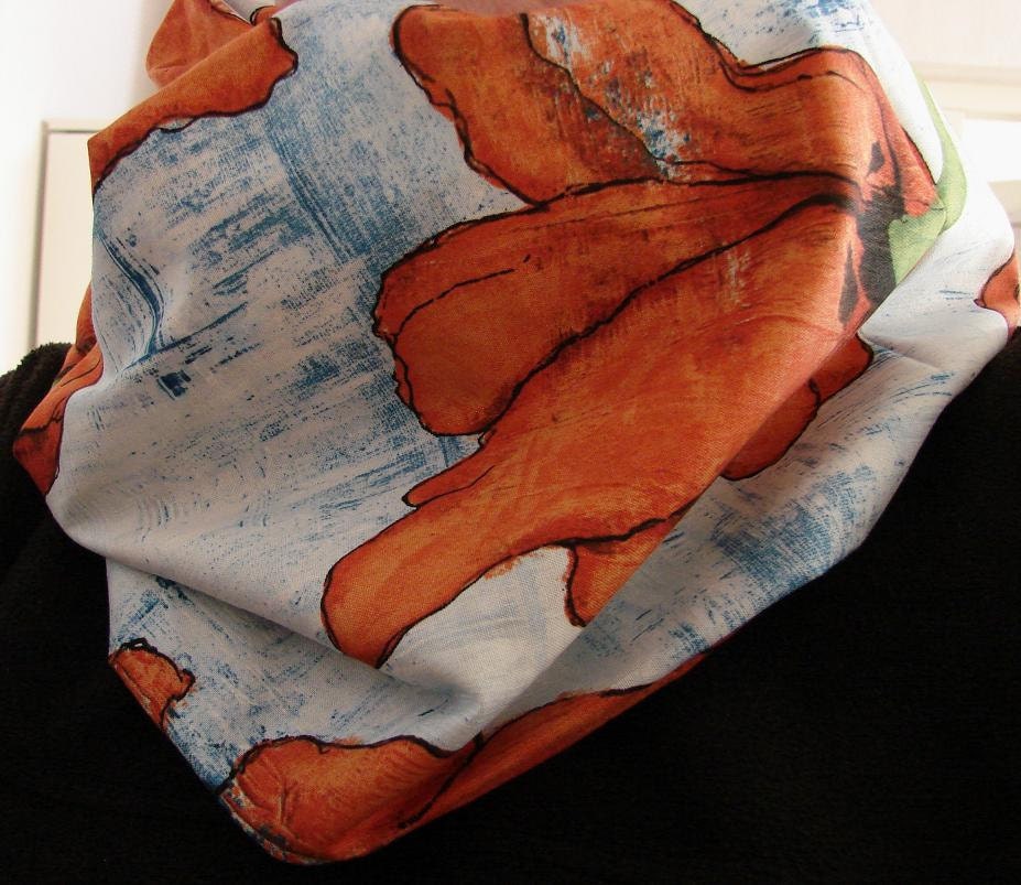 Free Shipping - Orange Poppy on Blue Fabric Infinity Scarf - OOAK - Exuberant Vibrant Out of Print Fabric - Valentine