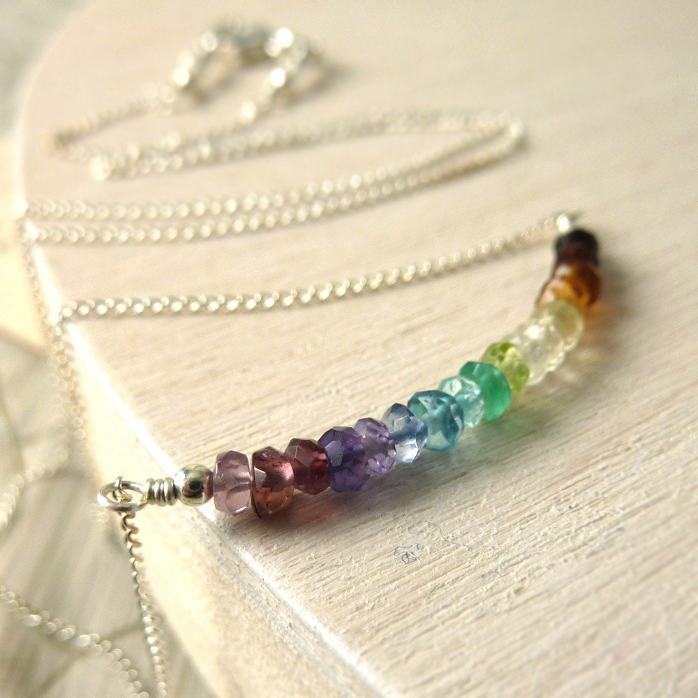 Rainbow Gemstone Necklace Sterling Silver Multicolor Rondelle Roy G Biv Wizard of Oz Dorothy - 'Over the Rainbow'