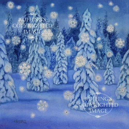 Snowy Night Giclee Fine Art Print, Blue Snow Scene with Snowflakes, Signed Elizabeth Ruffing, on 8.5 x 11 inch art paper - ruffings