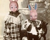 Easter Pink Plastic Bunny Art, Mixed Media Collage Print, The Bunnies, Altered Victorian Portrait of Brother and Sister