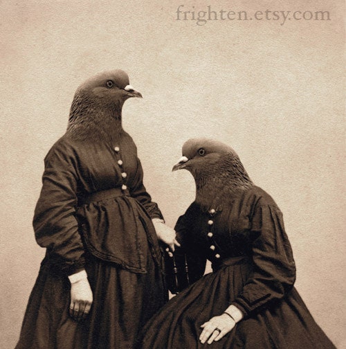 Bird Art Print, Mixed Media Collage Print, The Pigeon Sisters, 5x7 Altered Antique Portrait, frighten