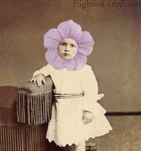 Mixed Media Collage Print, Sepia and Violet Flower Art, Petunia, Altered Children's Portrait - frighten Mixed Media Collage Print, Sepia and Violet Flower Art, Petunia, Altered Children's Portrait - frighten