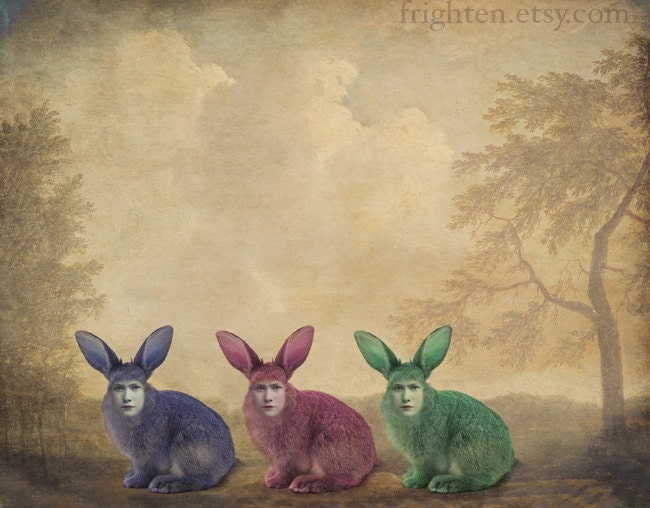 Colorful Easter Art, Mixed Media Collage Print, Bunny Garden, Three Anthropomorphic Rabbits, frighten