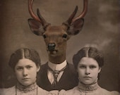 Deer Art Print, Mixed Media Collage Print, 8x10 Altered Vintage Family Photo, Brother Deer, frighten