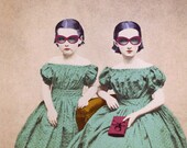 Colorful Spring Art, Mixed Media Collage Print, Springtime Girls, 8x10 Altered Antique Portrait of Two Sisters