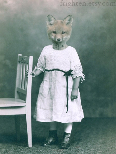 Fox Art, Mixed Media Collage Print, Flora, Altered Antique Portrait of a Little Fox Girl, Anthropomorphic Art, frighten