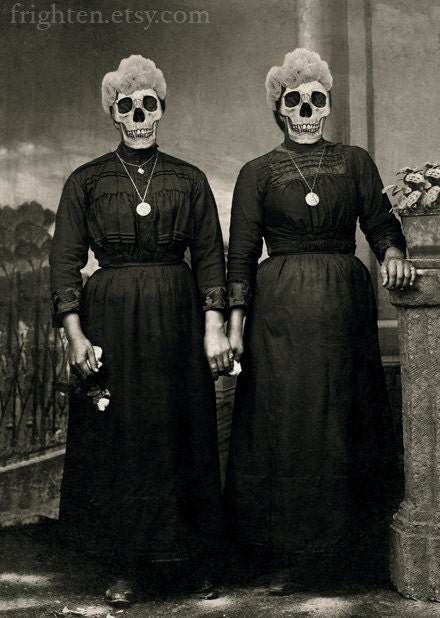 Halloween Decoration, The Grimm Girls, Altered Antique Black and White Mourning Photo of Two Sisters, Halloween Decor