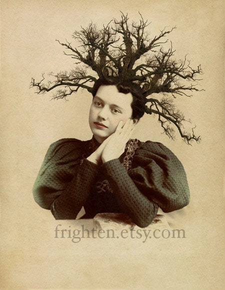 Nature Inspired Art, Mixed Media Collage Print, Twiggy, Altered Portrait of a Victorian Woman, frighten