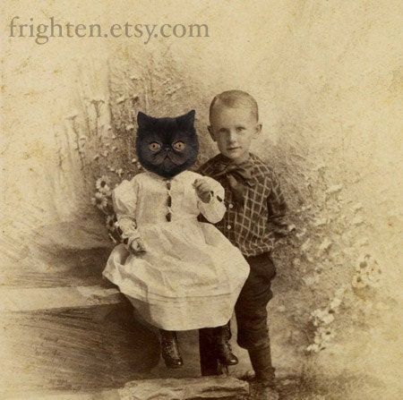 Persian Cat Art Print, My Sister Was a Cat, Mixed Media Collage Print, 5x7 Altered Antique Portrait of Brother and Sister, frighten