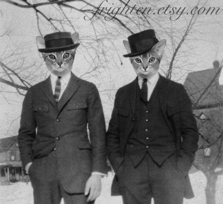 Black and White Cat Art, Mixed Media Collage Print, Hep Cats, 5x7 Mad Men Style Anthropomorphic Print, frighten