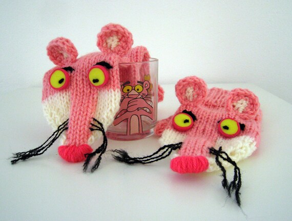 Hand knit Pink Panther mittens gloves with polymer clay buttons