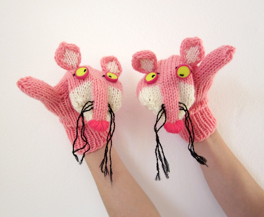 Hand knit Pink Panther mittens gloves with polymer clay buttons