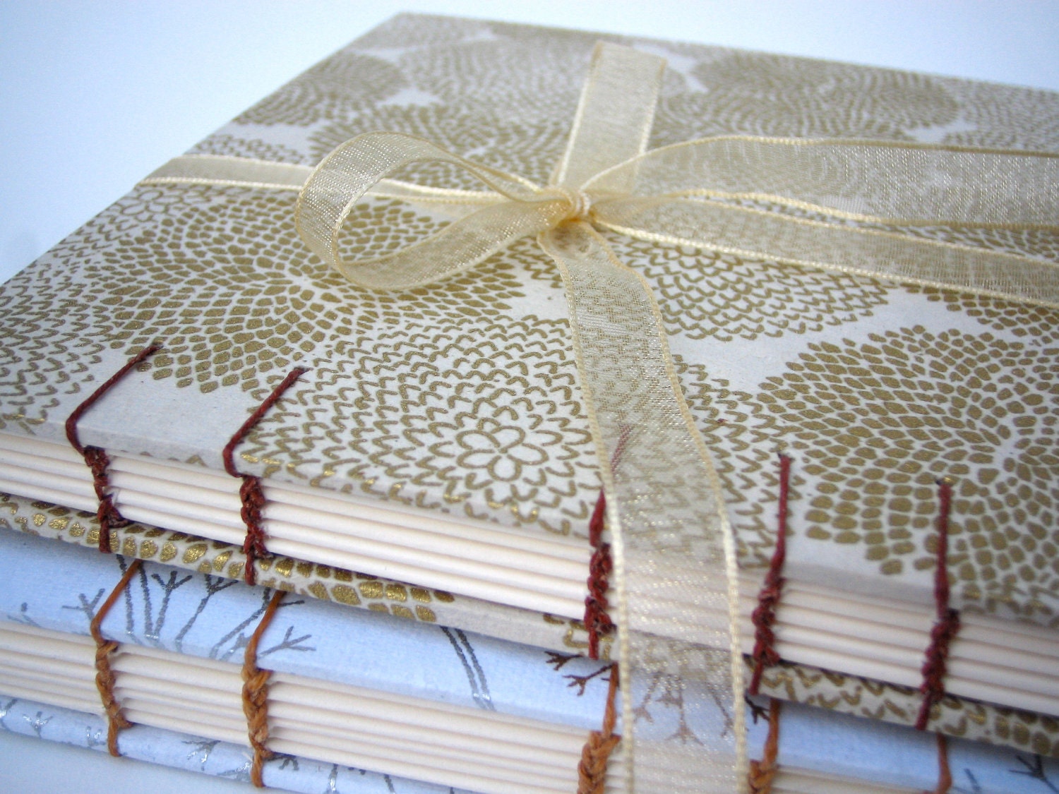 White and Gold Mums Guest Book / Sketch Book, Coptic Stitch Binding, Hand Bound, Ribbon. Made to Order