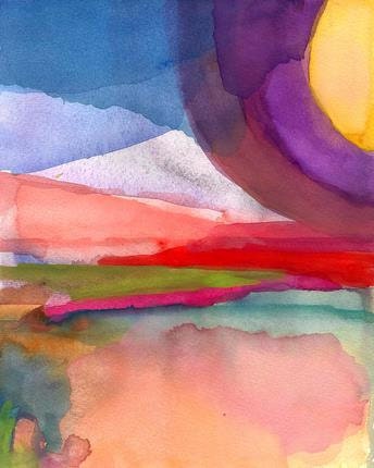 Dreaming Deep, Original Watercolor Painting, abstract art landscape emotion color circles pink purple orange blue yellow