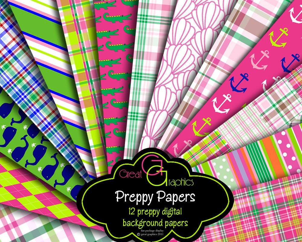 Preppy Background, Pink and Green Preppy Paper, Digital Paper, Instant Download, Plaid Paper, Printable Paper Il_170x135