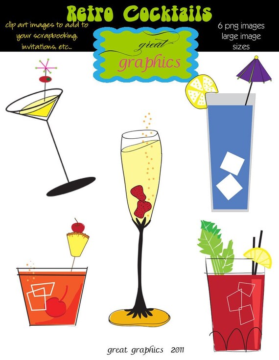 Martini Clip Art, Champagne Clip Art, Drink Clipart, Digital Clip Art, Retro Clip Art, Clip Art, Clipart, Instant Download Il_570xn