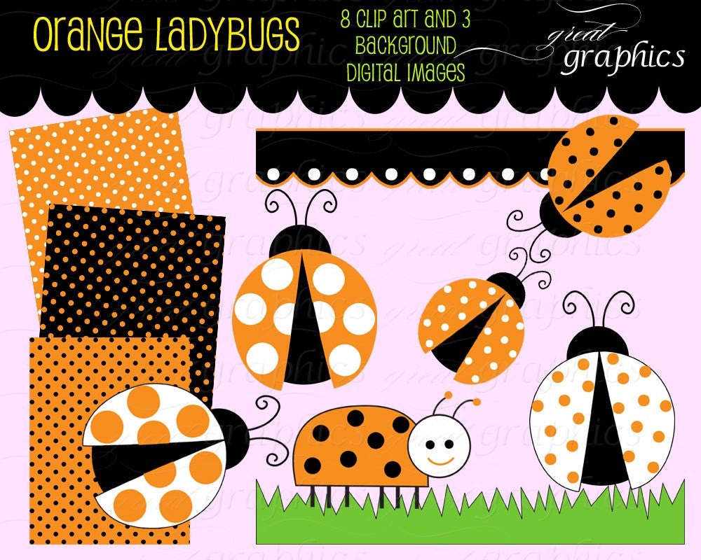 Orange Ladybug digital clip art elements and digital sheets, 8 ladybug clipart images and 3 digital backgrounds Il_570xn