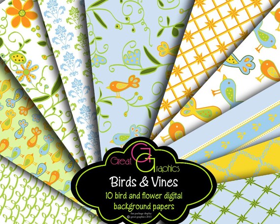 Bird Paper Digital Bird Digital Paper Flower Paper Printable Invitation Paper Party Paper Digital Background - Instant Download Il_570xn