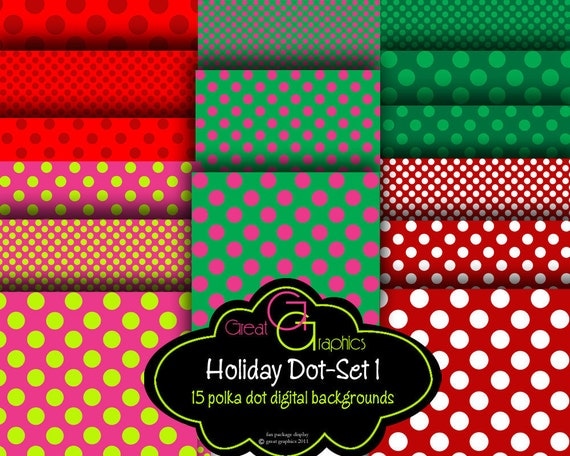 Polka Dot Christmas backgrounds, set 1, printable holiday backgrounds, 3 sizes of polka dot digital background sheets in Christmas colors Il_570xn