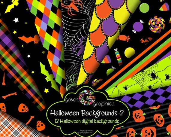 Halloween Background, set 2 printable halloween digital background sheets, skull, spider, ghost, plaid, pumpkin halloween background paper Il_570xn