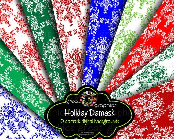 Holiday Digital Paper Christmas Digital Paper Christmas Printable Scrapbook Paper Damask Digital Paper - Instant Download Il_570xn