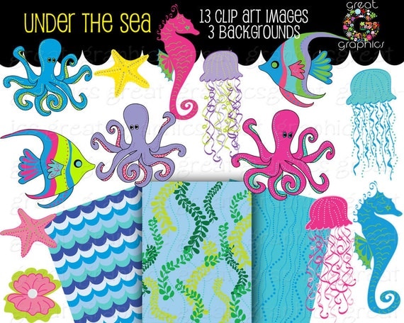 Under the Sea Party Clipart Under the Sea Printable Party Digital Paper Seahorse Clip Art Fish Clip Art - Instant Download Il_570xn