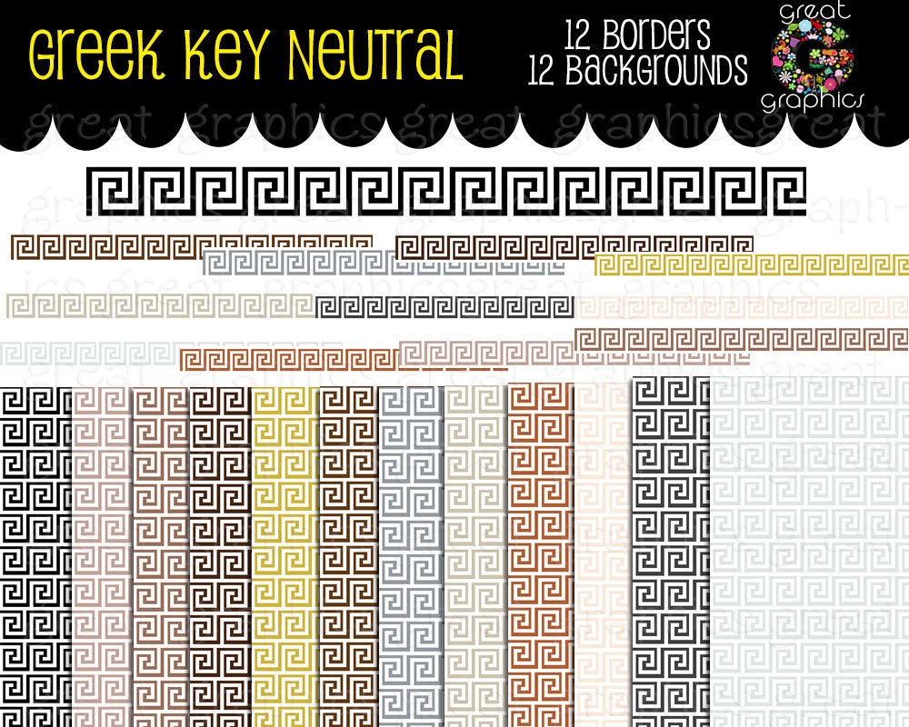 Greek Key Border Digital Clip Art, Greek Key Digital Paper Backgrounds in Printable Neutral Colors