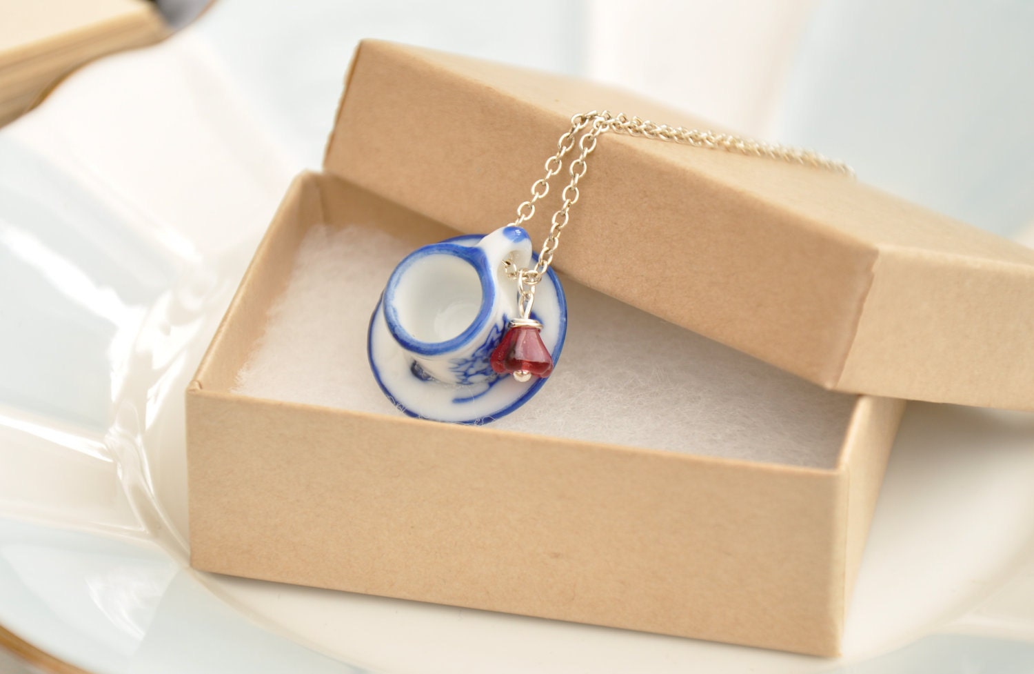 Helena Porcelain Tea-cup Pendant Necklace (Blue)