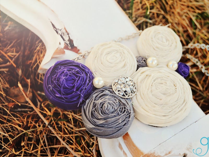Plum gray and white rosette necklace  with pearls and crystal gem mother day bridesmaid gifts
