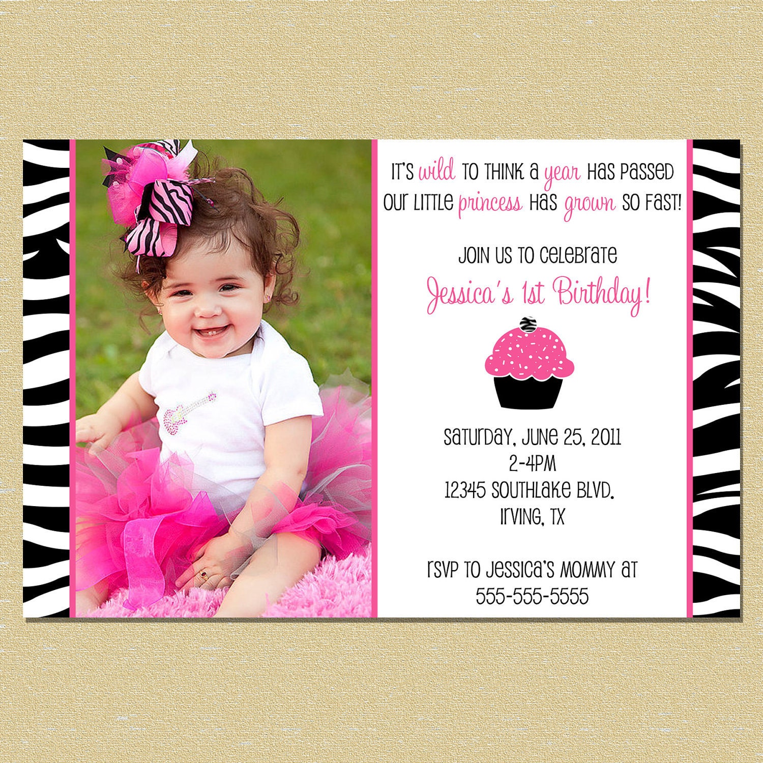Zebra Print Cupcake Birthday Invitation (Any Age - Customize Colors & Wording) - Matching Coordinates Available Il_570xn