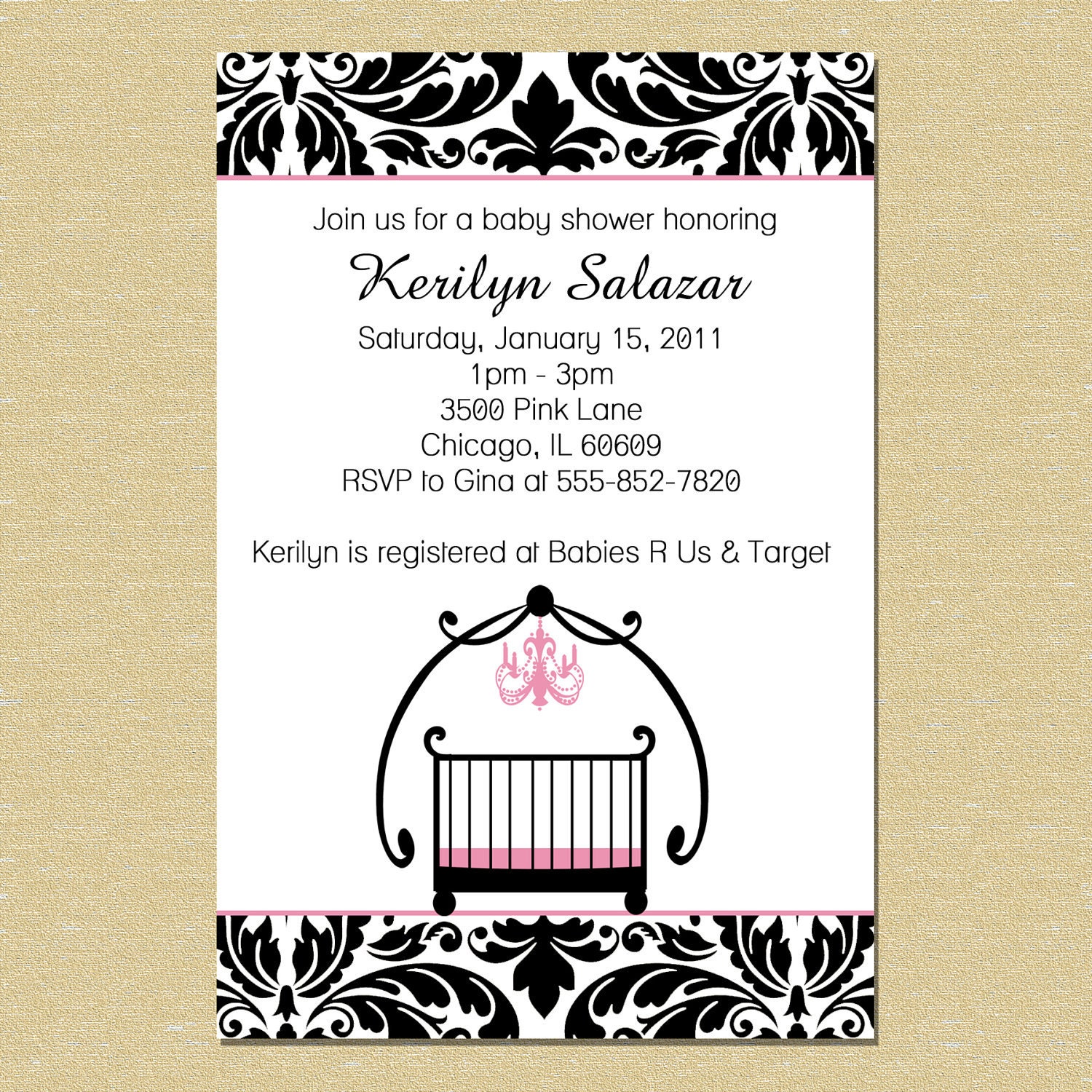 Pink or Baby Blue Damask Elegant Crib Baby Shower Invitation (Boy or Girl Option) Il_570xn