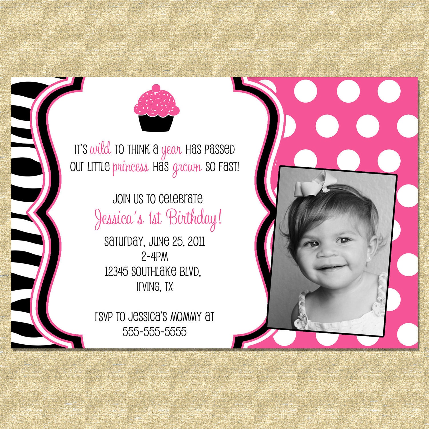 Hot Pink & Zebra Cupcake Birthday Invitation Any Age - Matching Coordinates Available Il_570xn