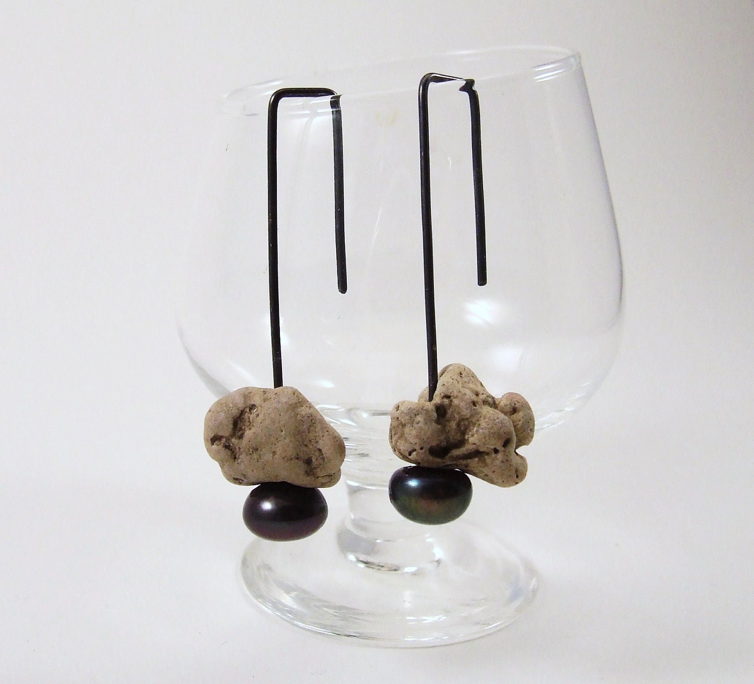 Silver Earrings with  Naturally Perforated River Stones and Black Pearls, unique valentine gift, ready to ship