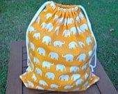 Large Drawstring Bag / Library Bag - Orange Elephants