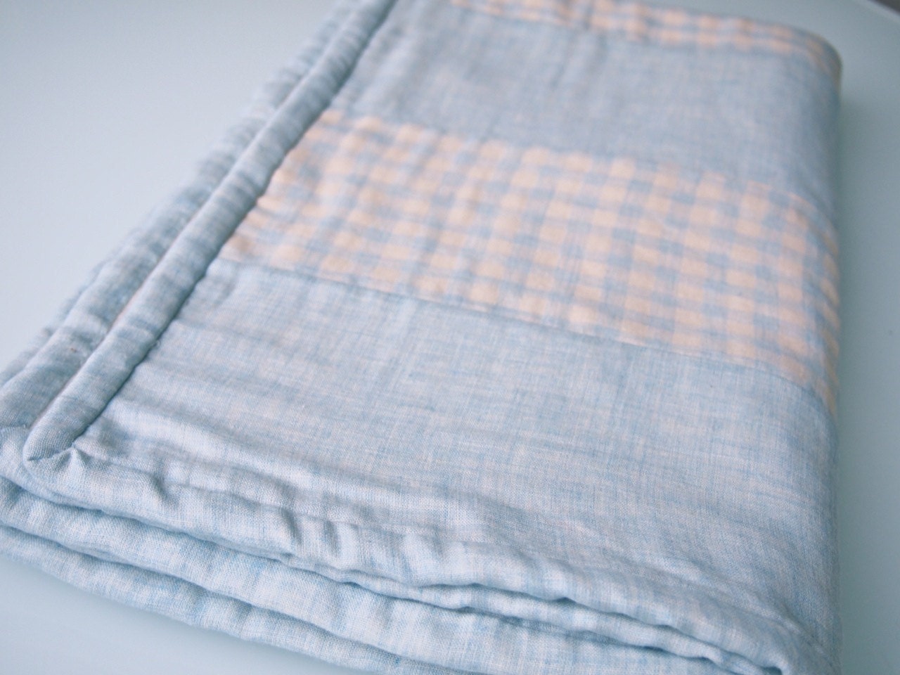 Patchwork Baby Blanket / Lap Blanket with Organic Cotton Fleece and Double Gauze - Light Blue